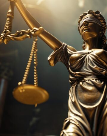 Closeup of the bronze statue of Themis, blindfolded goddess of justice holding the scales of law and a sword, on a dark background with light coming from above